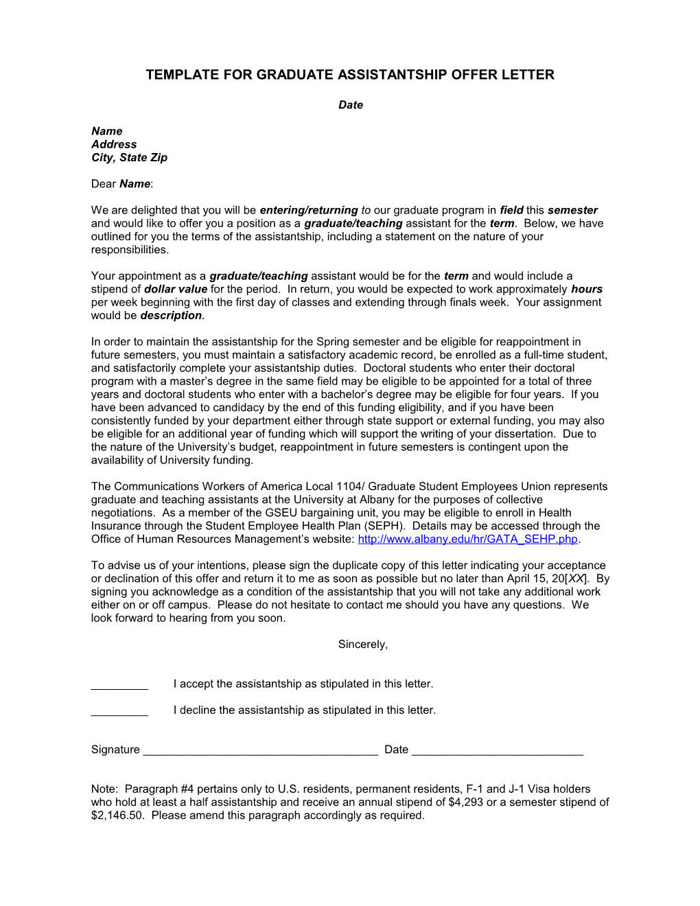 Template for Graduate Assistantship Offer Letter