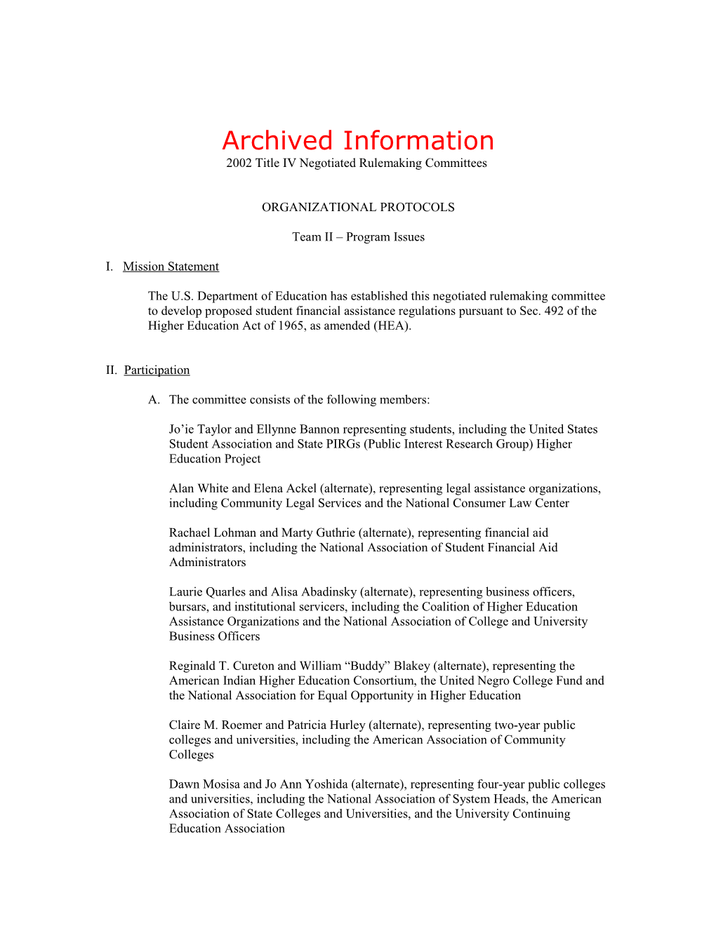 Archived: Negotiated Rulemaking for Higher Education Team Two Organizational Protocols