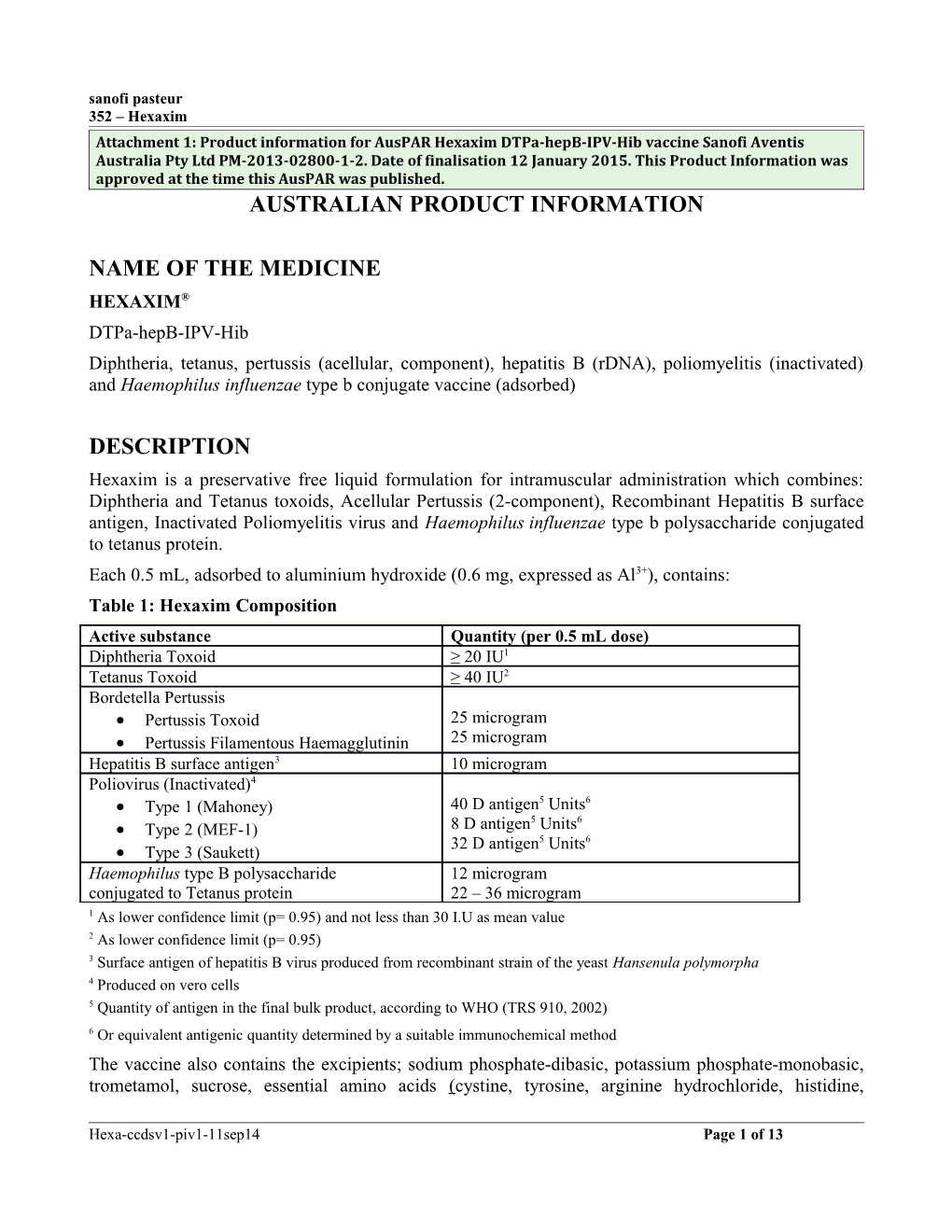 Auspar Attachment 1: Product Information for Dtpa, Hepb, IVP, Hib (Hexaxim)