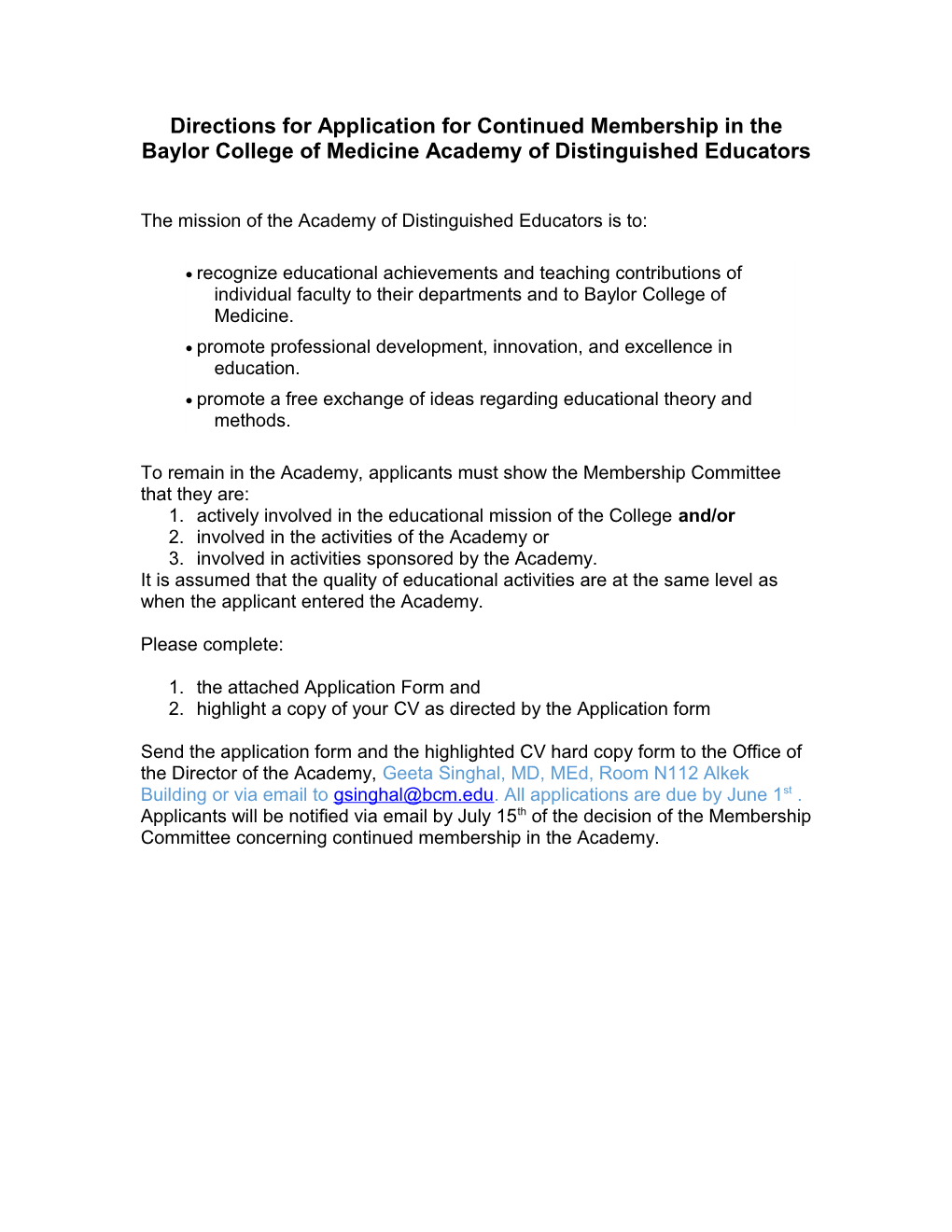 Directions for Application for Continued Membership in the Baylor College of Medicine Academy