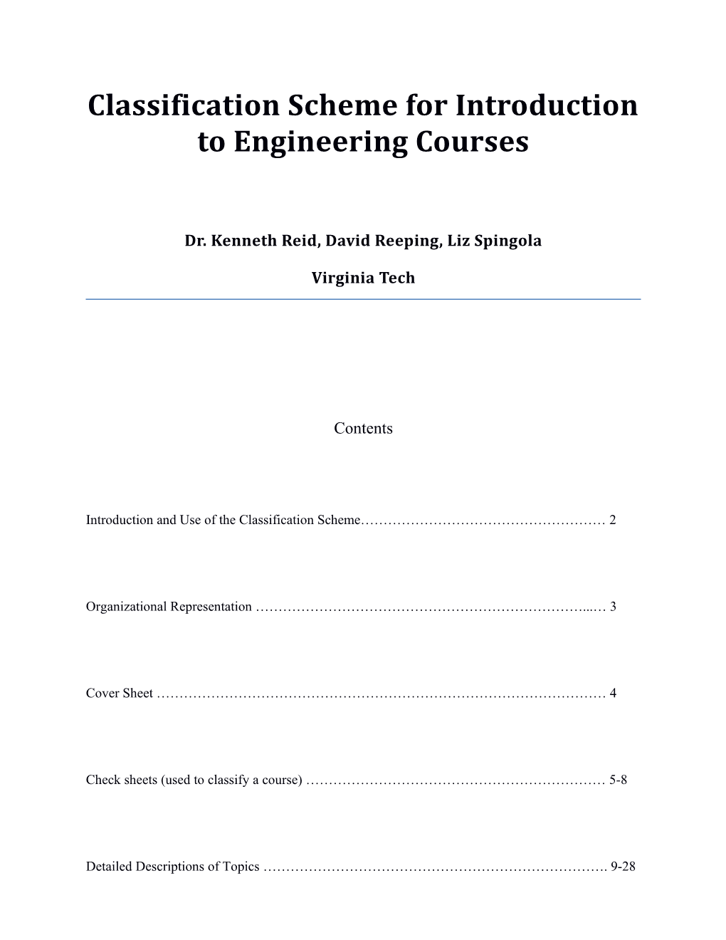 Classification Scheme for First Year Engineering Courses