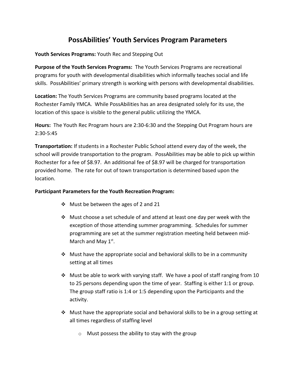 Possabilities Youth Services Program Parameters