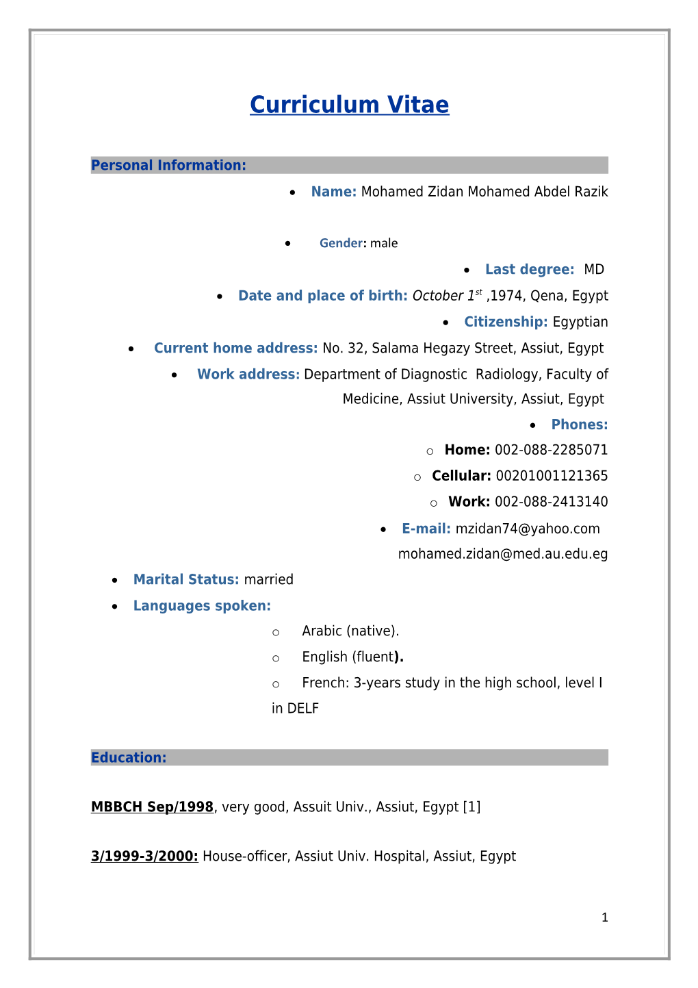 Cover Letter and Personal Profile