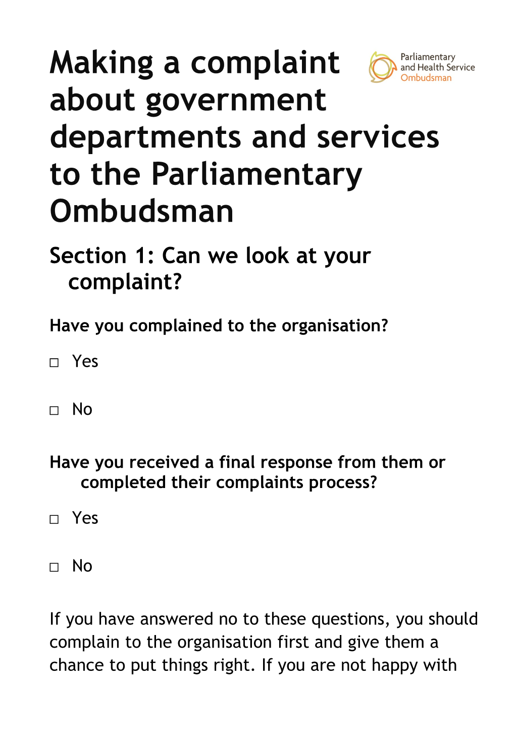 Making a Complaint About Government Departments and Services to the Parliamentary Ombudsman