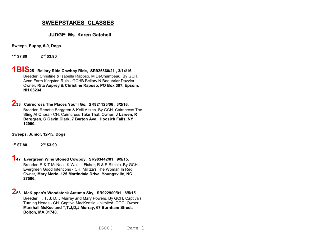 Sweepstakes Classes