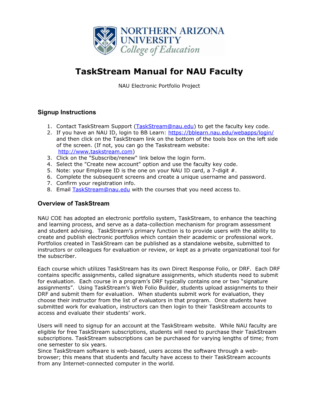 Taskstream Manual for NAU Instructors