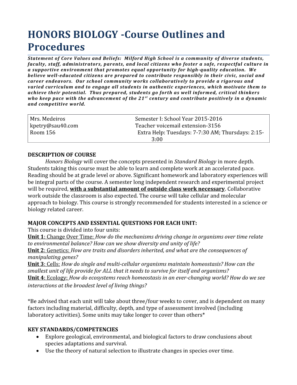 HONORS BIOLOGY -Course Outlines and Procedures