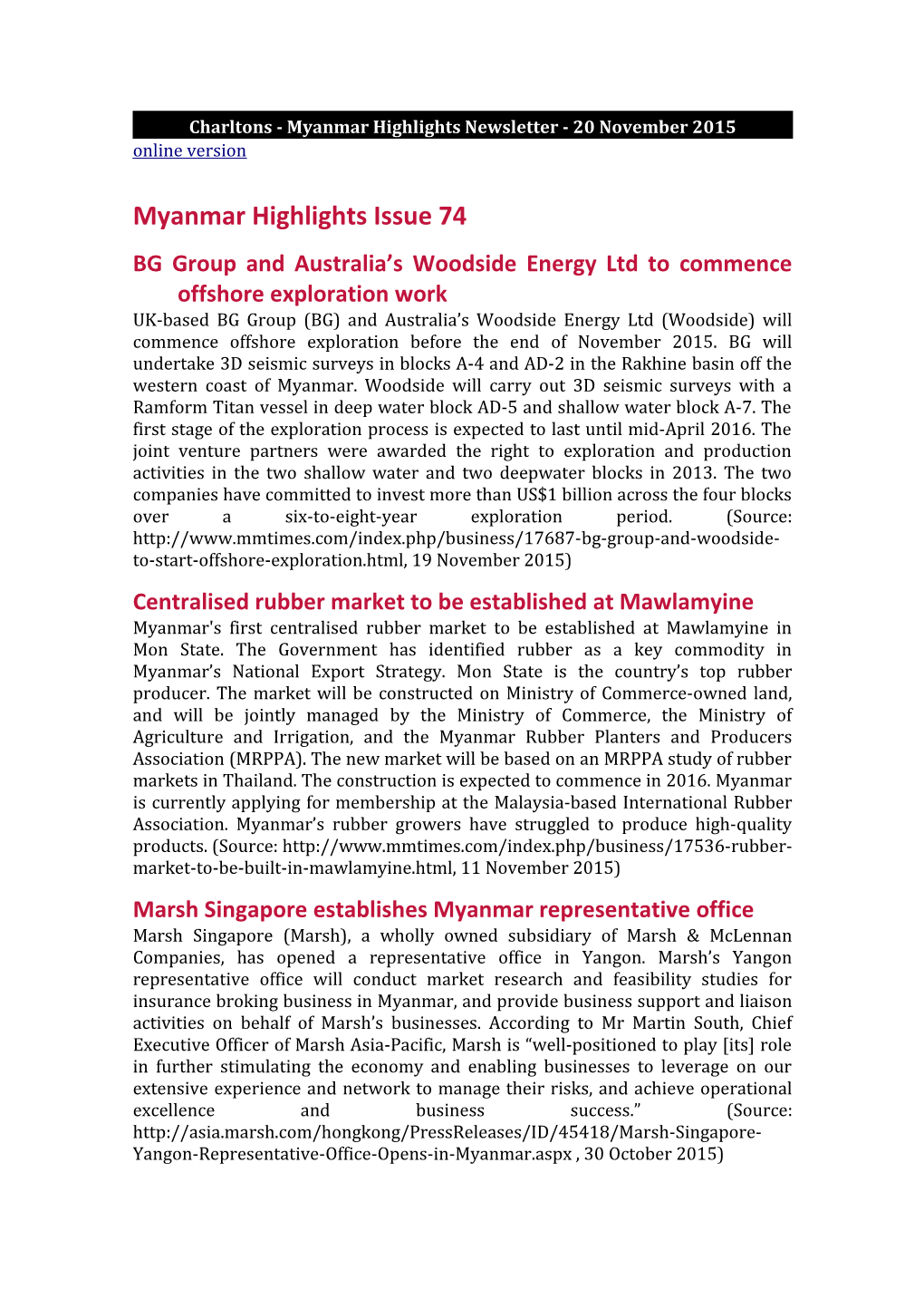 Charltons - Myanmar Highlights Newsletter - 20 November 2015
