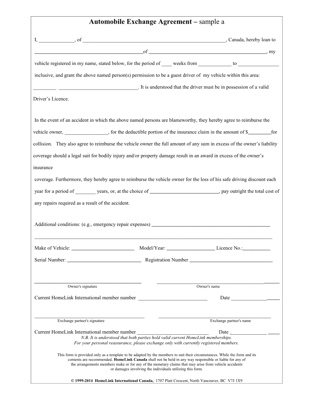 Automobile Exchange Agreement - Sample