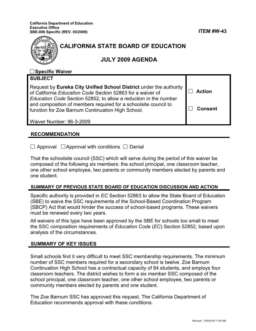 July 2009 Waiver Item W43 - Meeting Agendas (CA State Board of Education)