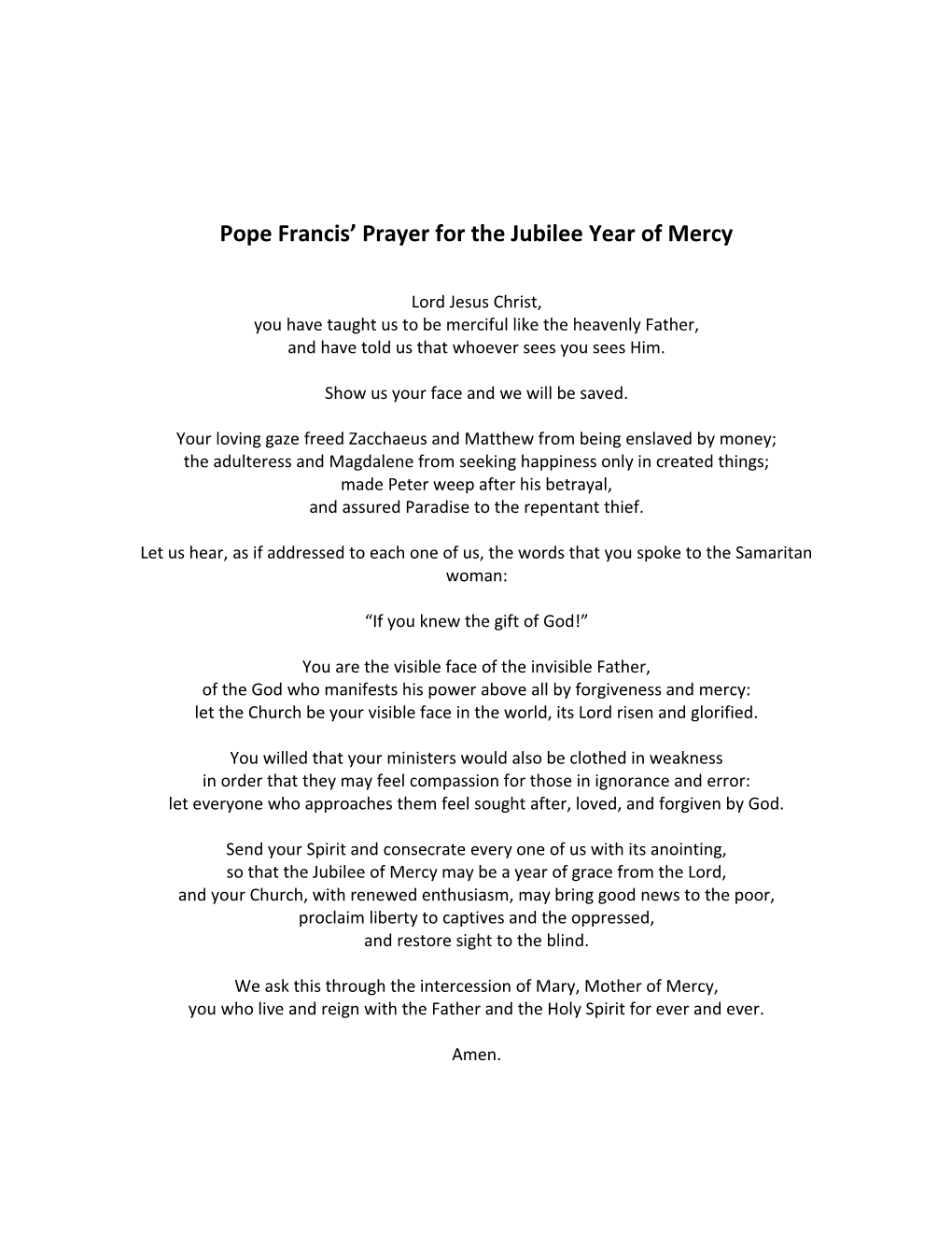 Pope Francis Prayer for the Jubilee Year of Mercy