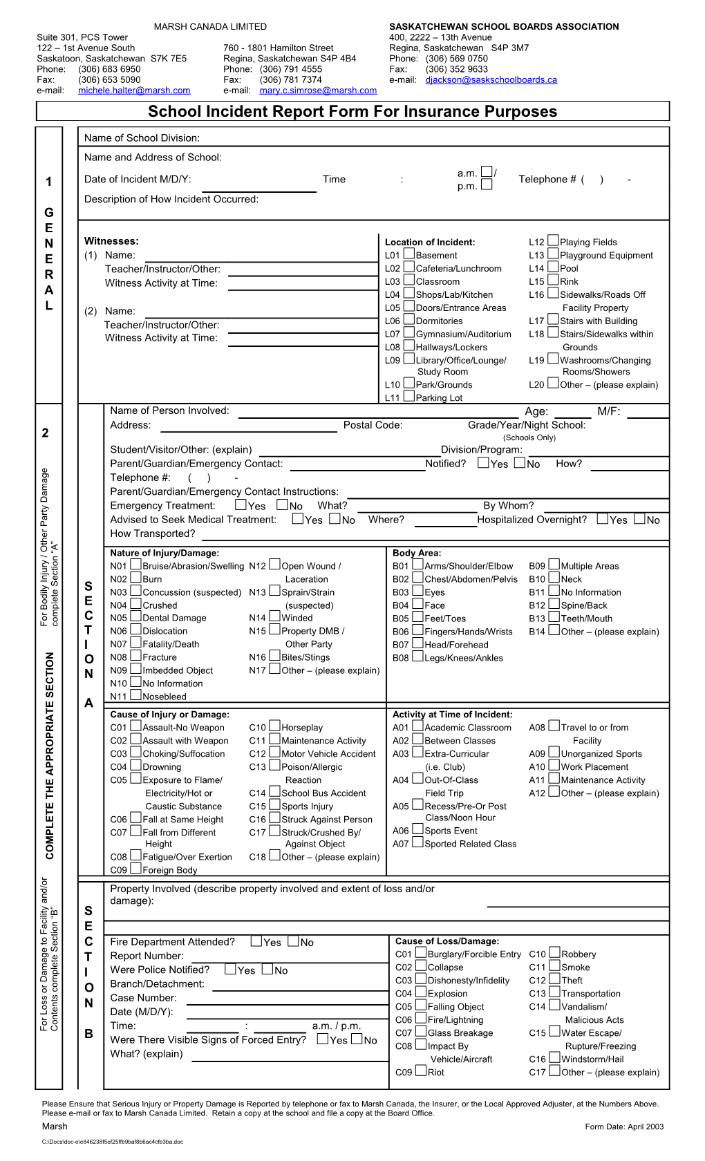 MARSH - School Incident Report Form