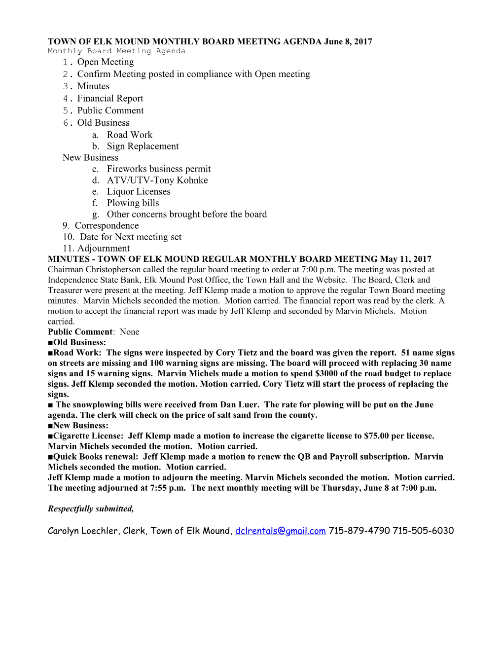 Town of Elk Mound Monthly Board Meeting Agenda