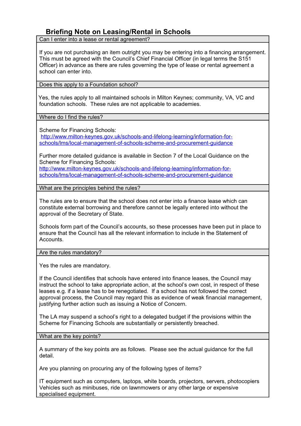 Briefing Note on Procurement and Leasing in Schools