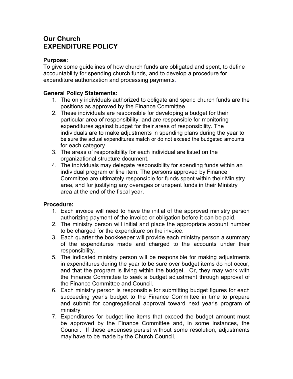 Policy on Expenditure of Church Funds