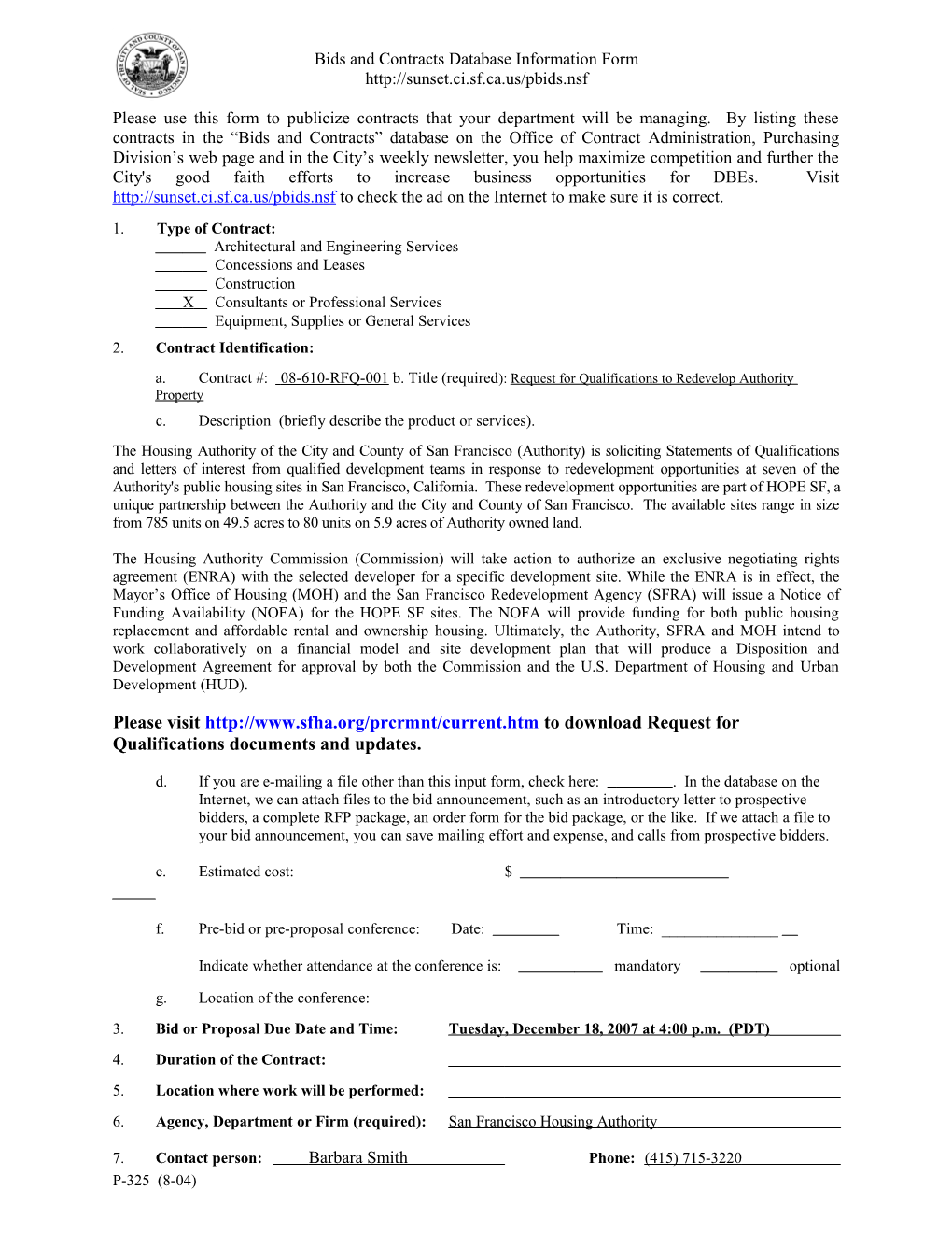 Bids and Contracts Database Information Form