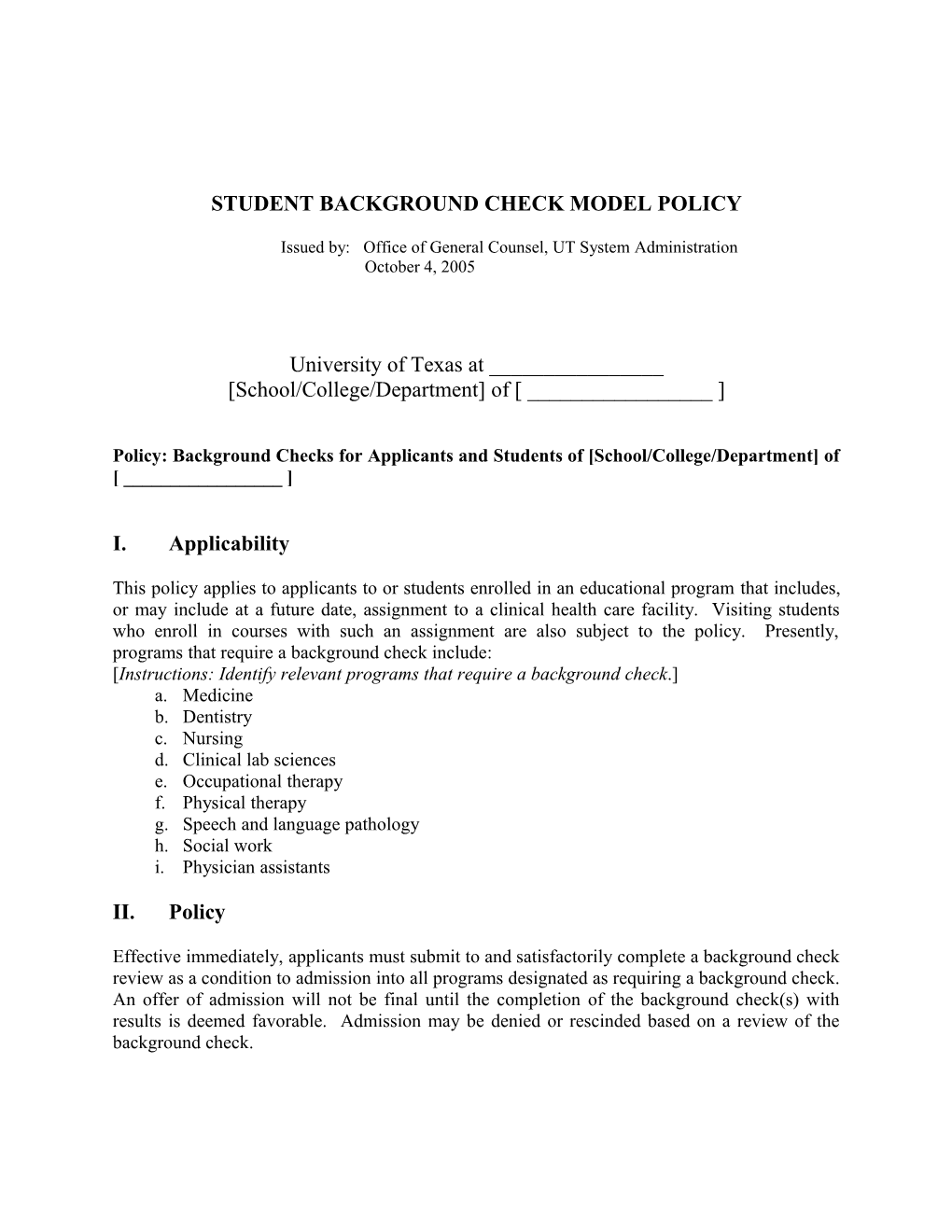 Student Background Check Model Policy