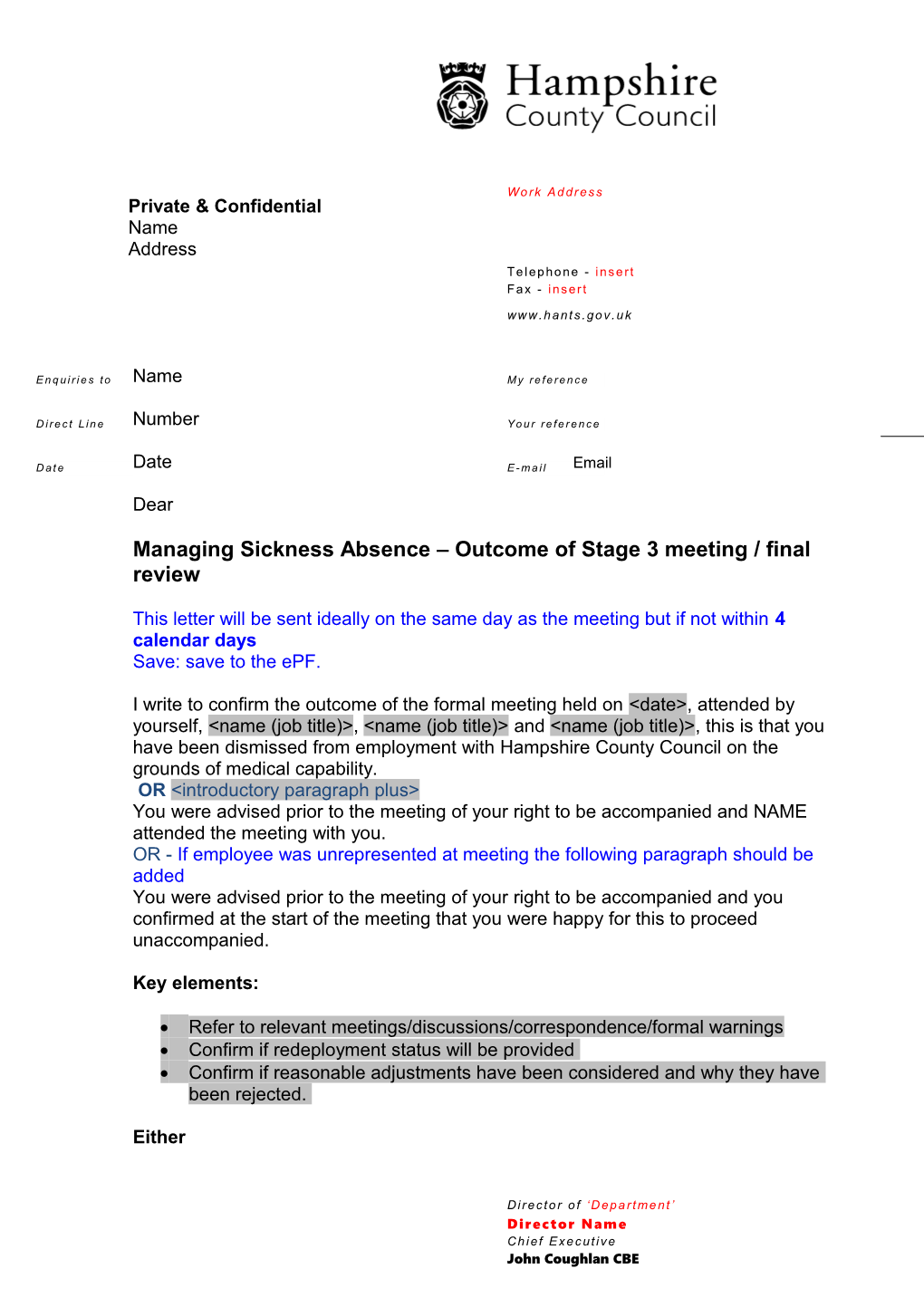 Managing Sickness Absence Outcome of Stage 3 Meeting / Final Review