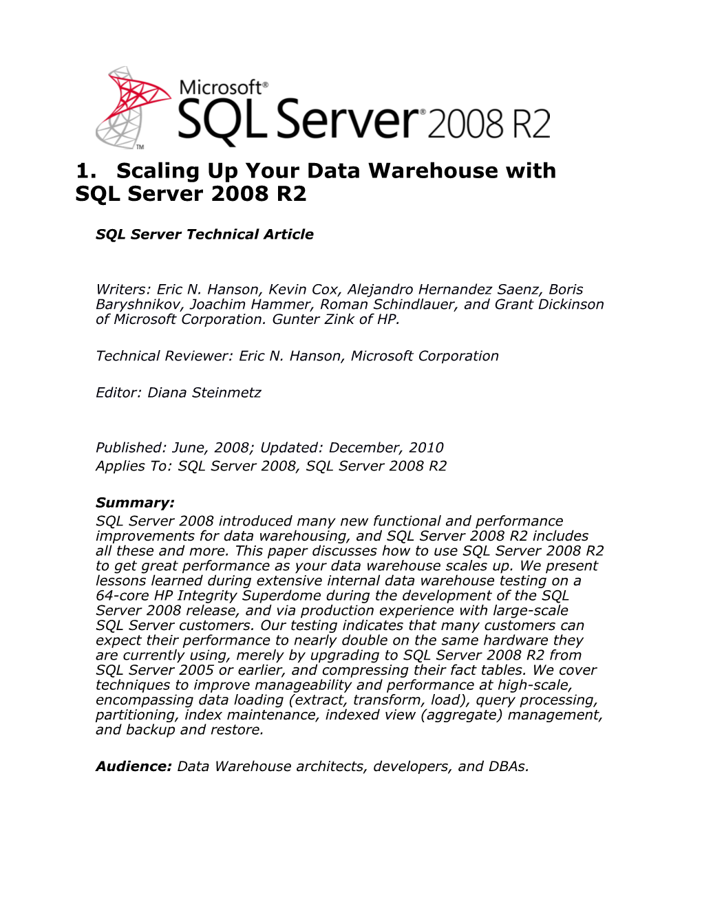 Scaling up Your Data Warehouse with SQL Server 2008
