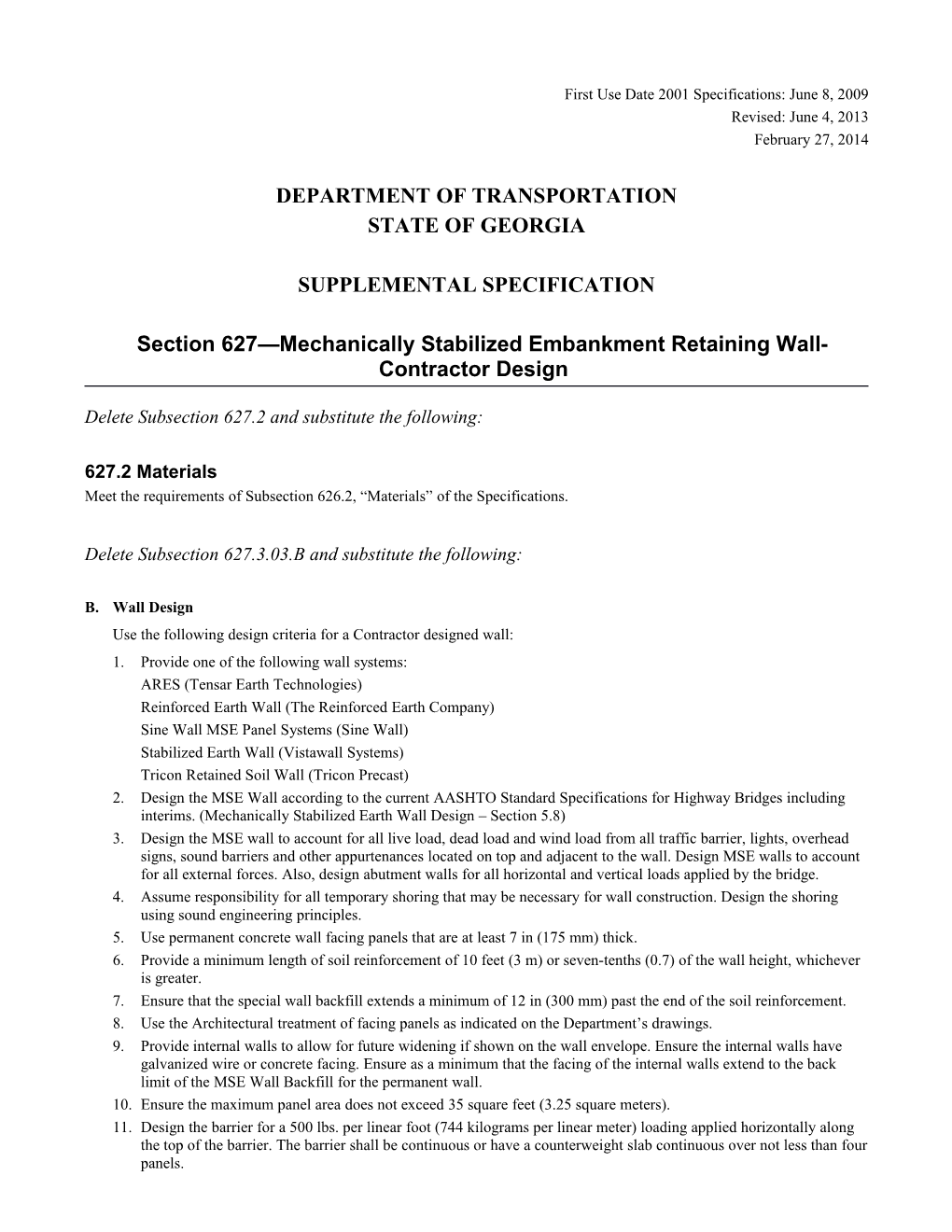 Section 627 - Mechanically Stabilized Embankment Retaining Wall-Contractor Design