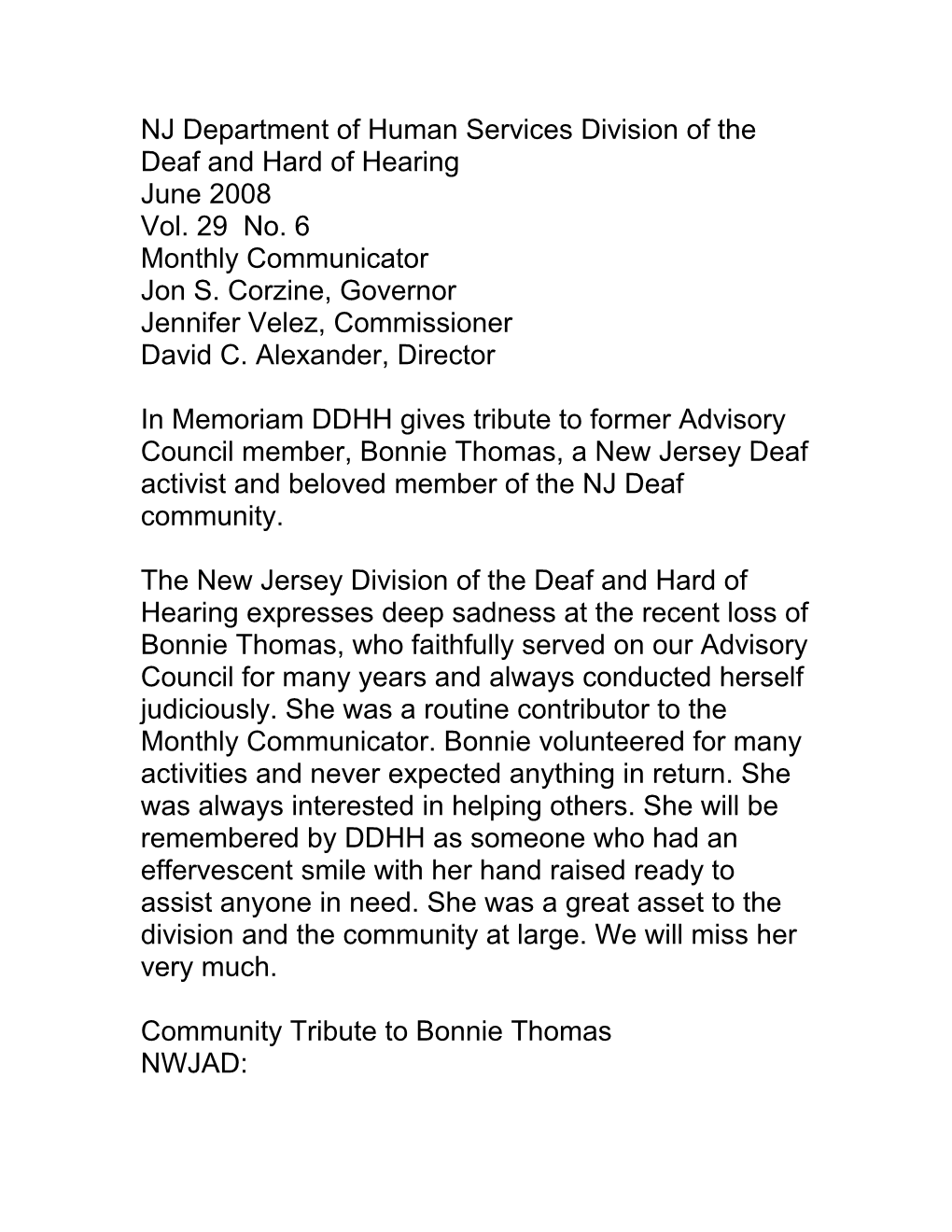 In Memoriam DDHH Gives Tribute to Former Advisory Council Member, Bonnie Thomas, a New