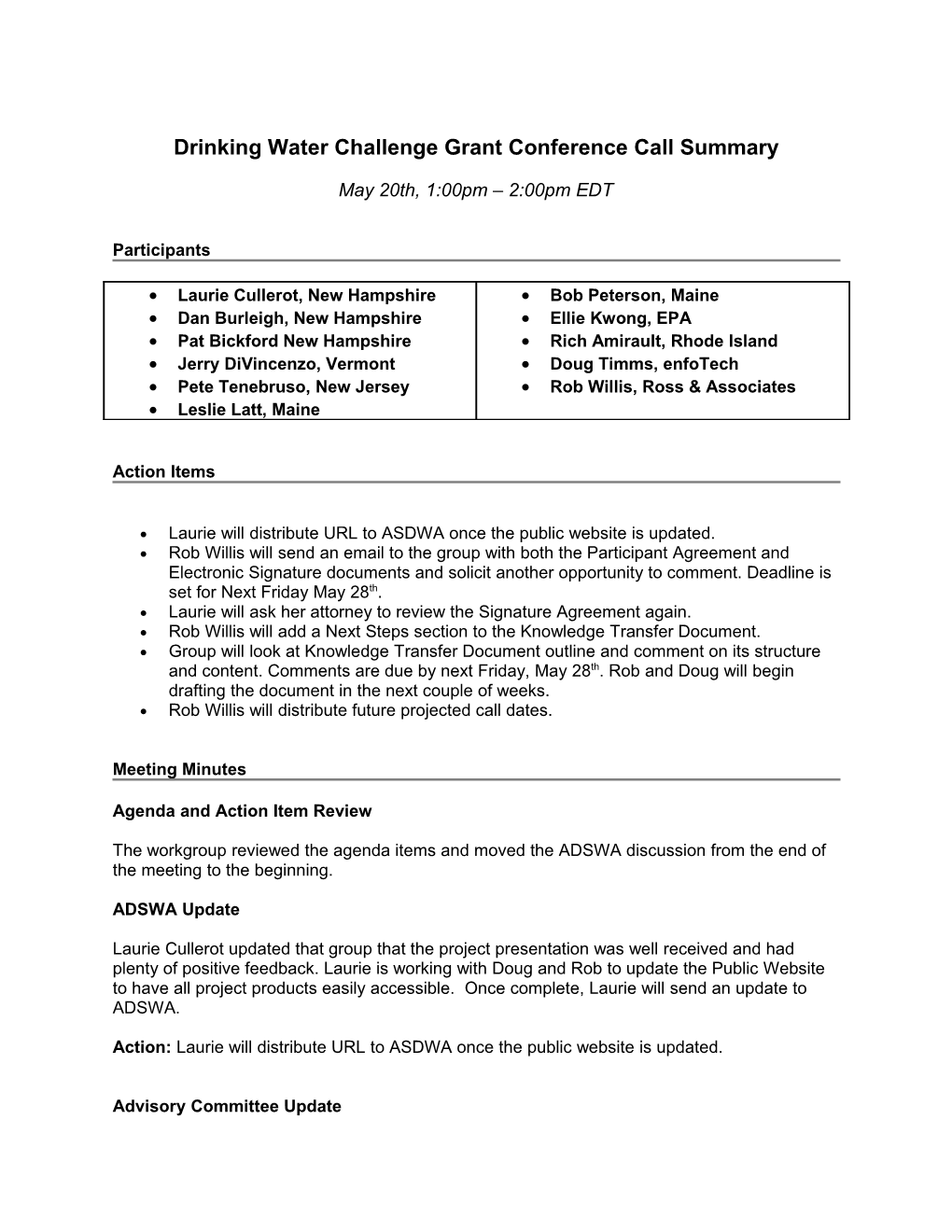 Drinking Water Challenge Grant Conference Callsummary