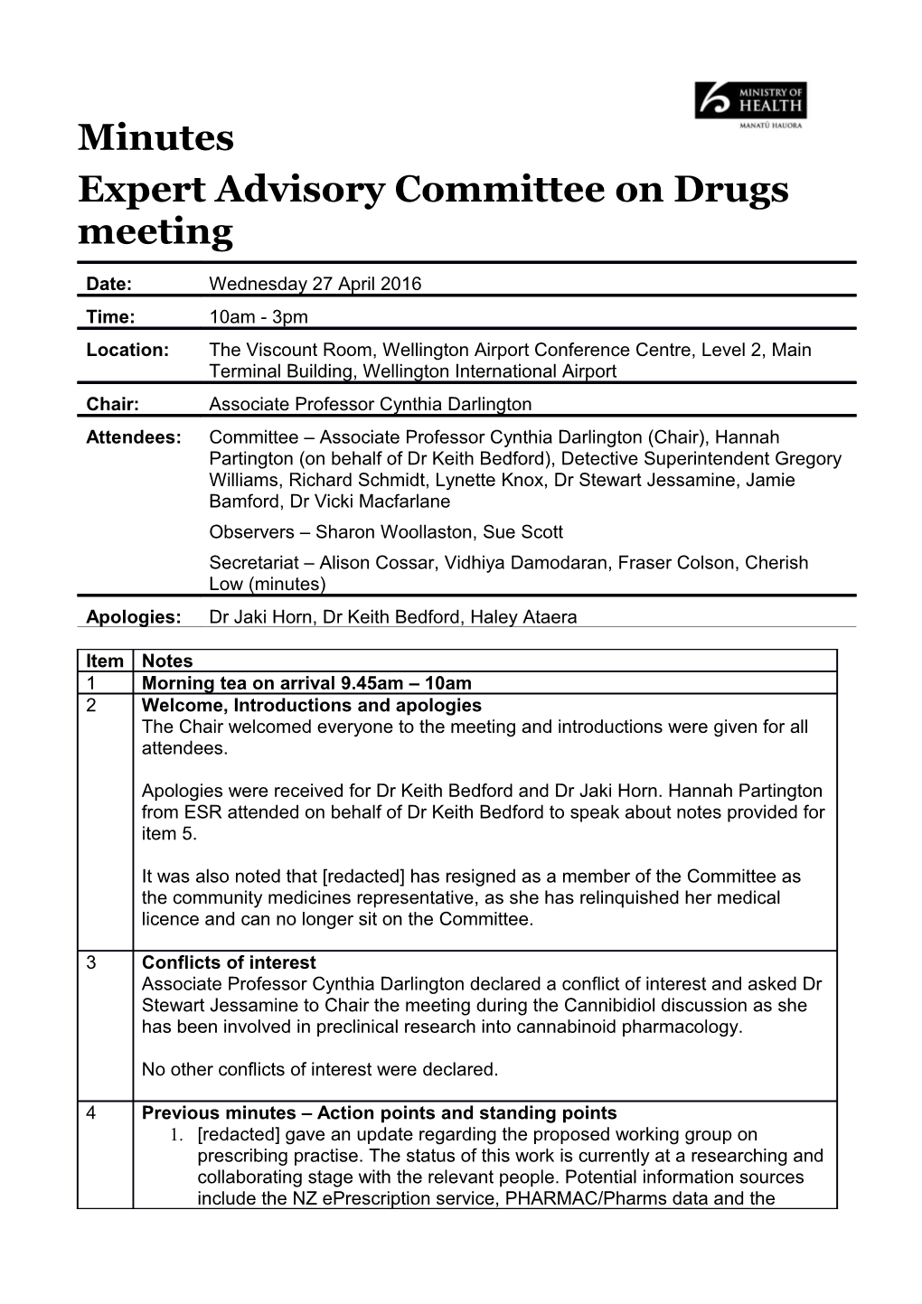 Minutes: Expert Advisory Committee on Drugs Meeting 27 April 2016