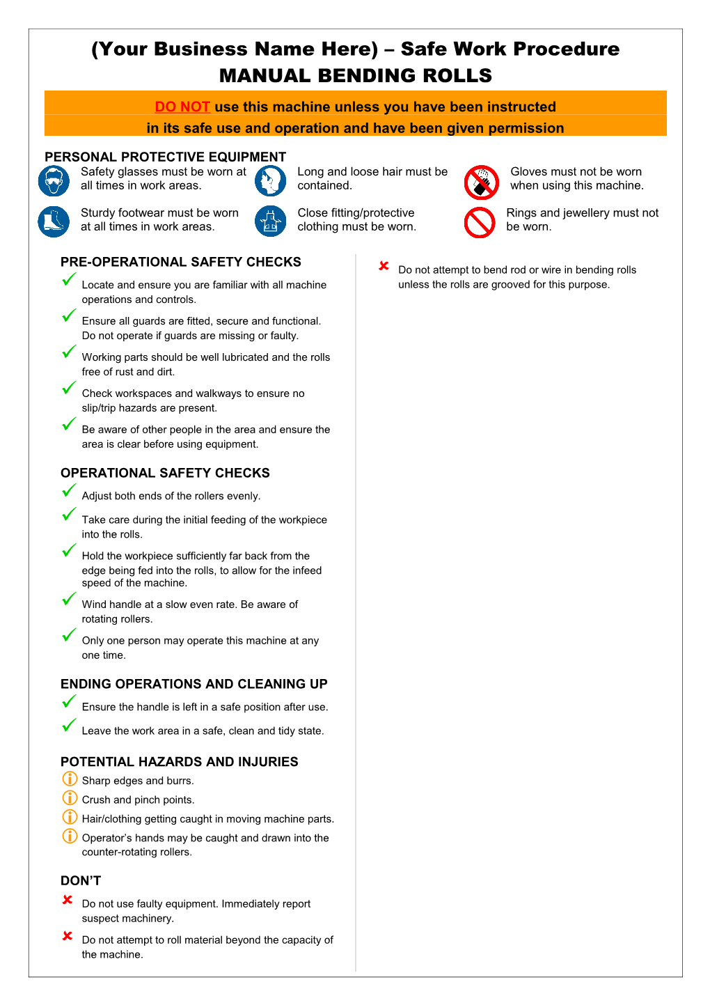 Safety Operating Procedures - Manual Bending Rolls