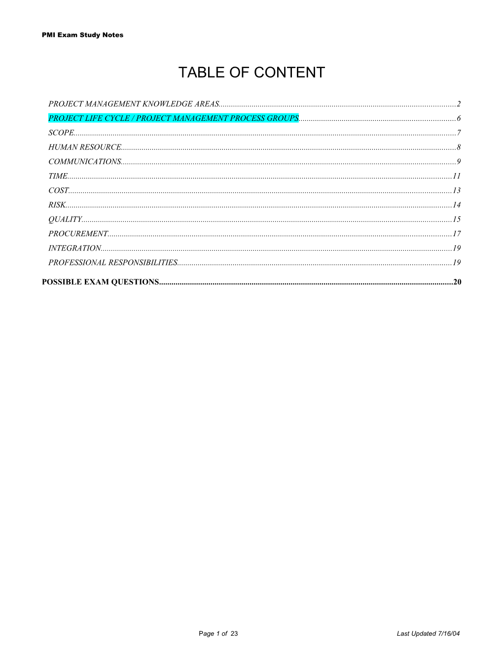 PMI Exam Study Notes