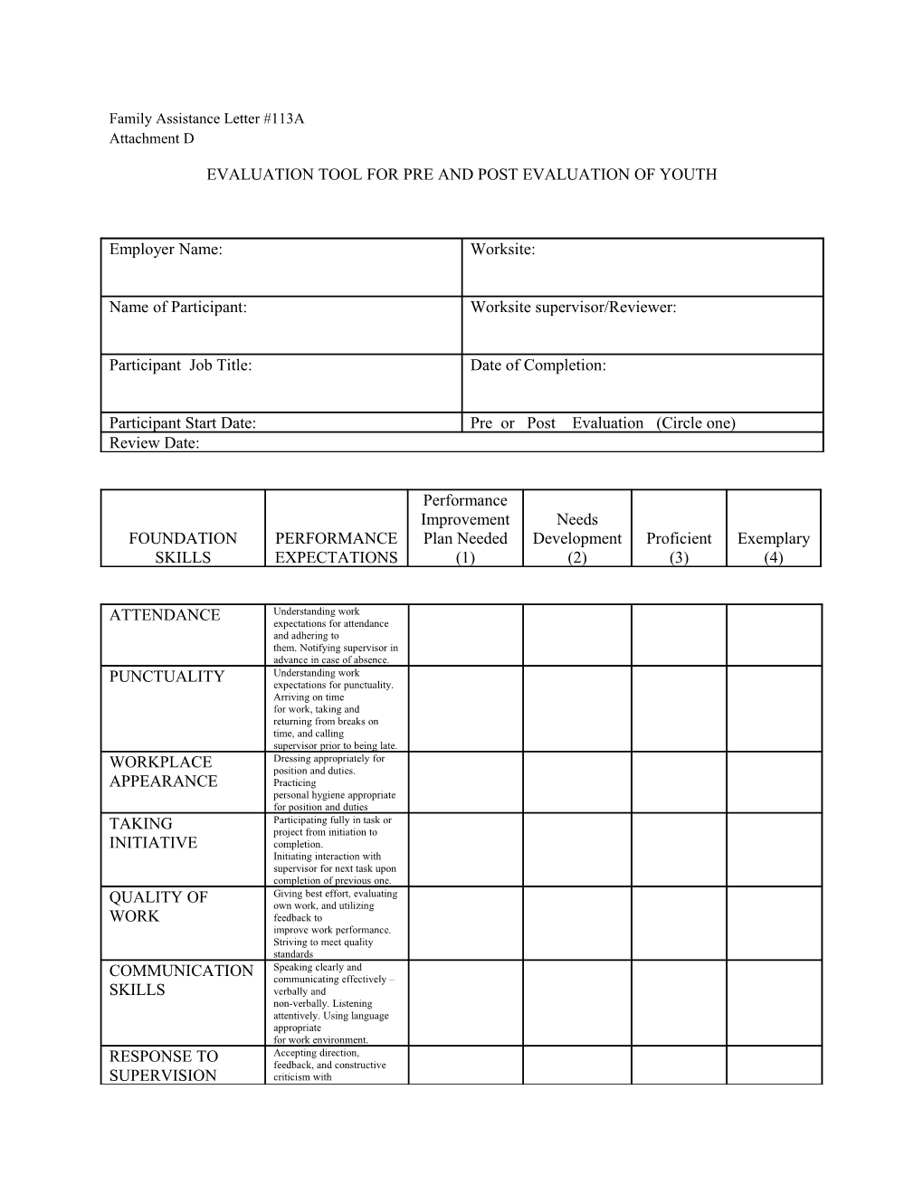 Evaluation Tool for Pre and Post Evaluation of Youth