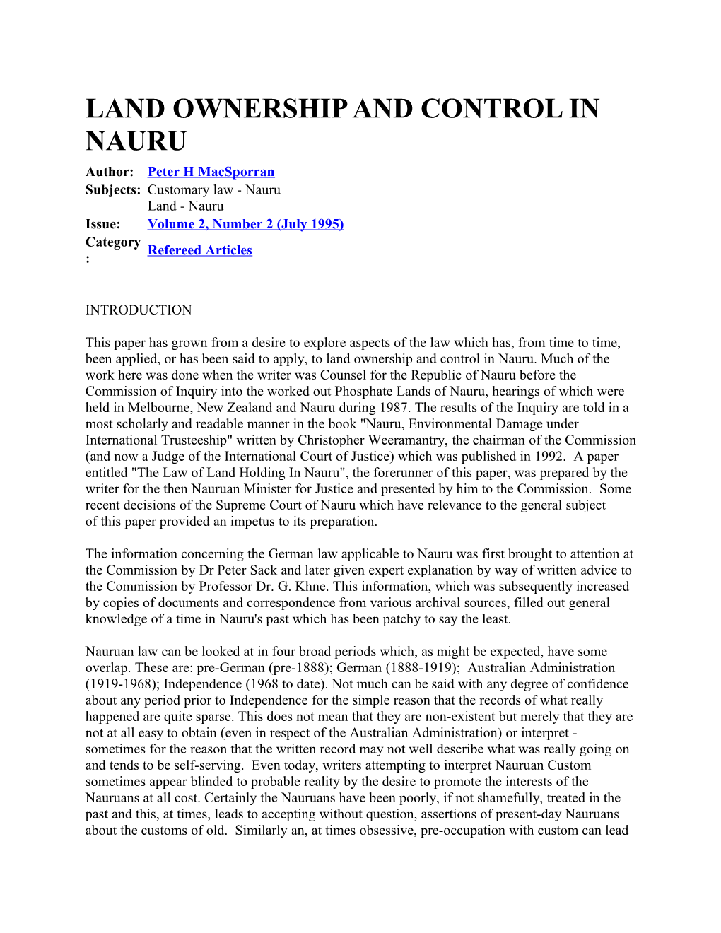 Land Ownership and Control in Nauru