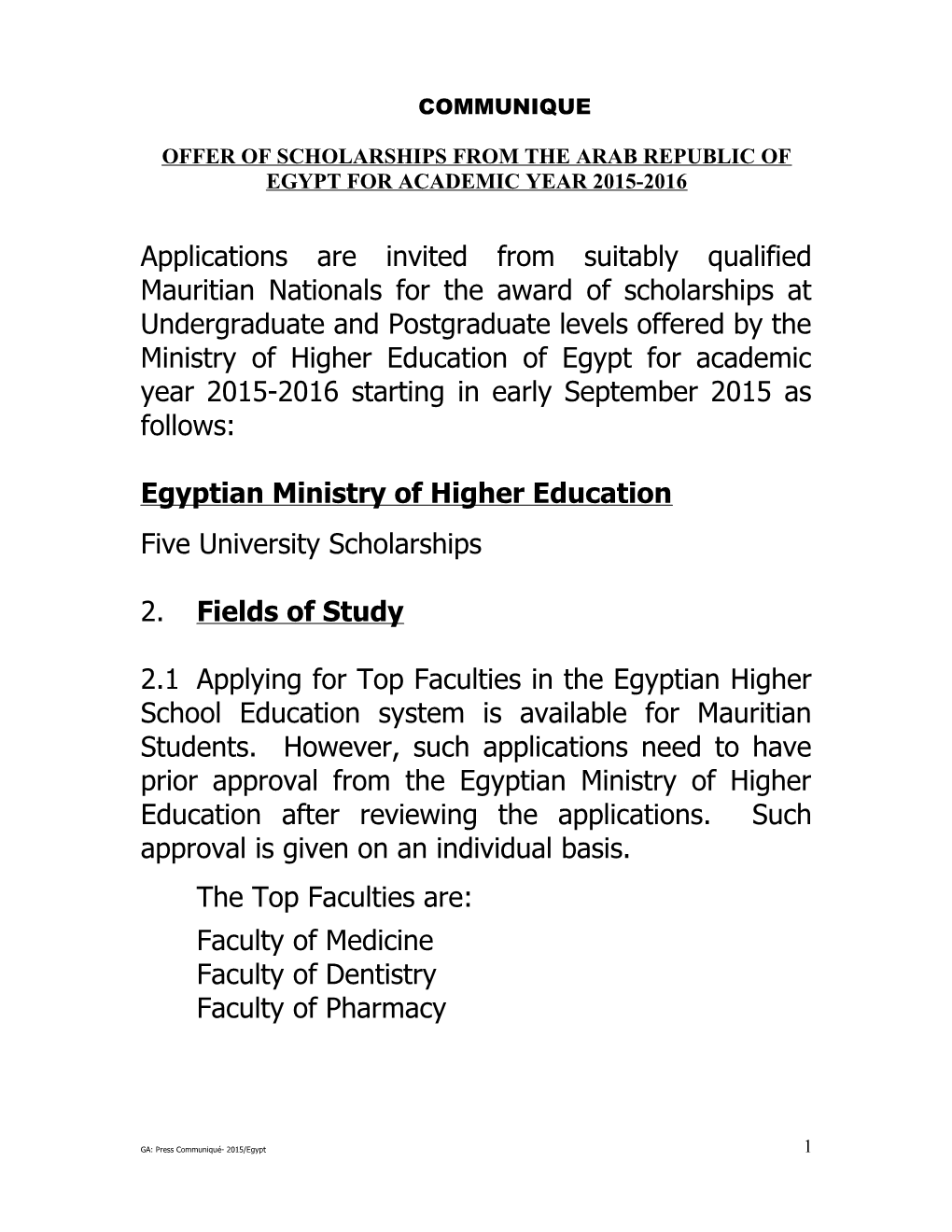 Offer of Scholarships from the Arab Republic of Egypt for Academic Year 2015-2016