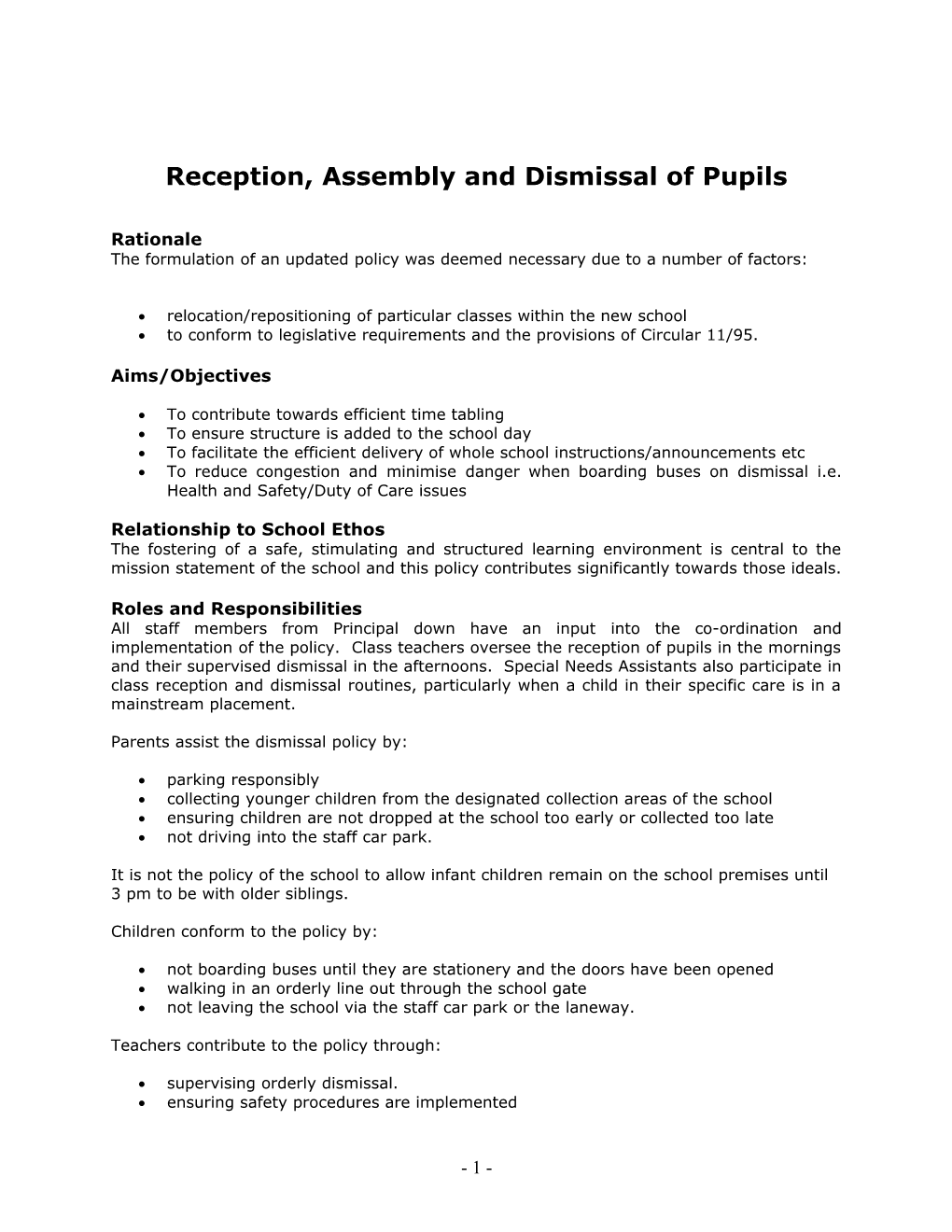 Reception, Assembly and Dismissal of Pupils