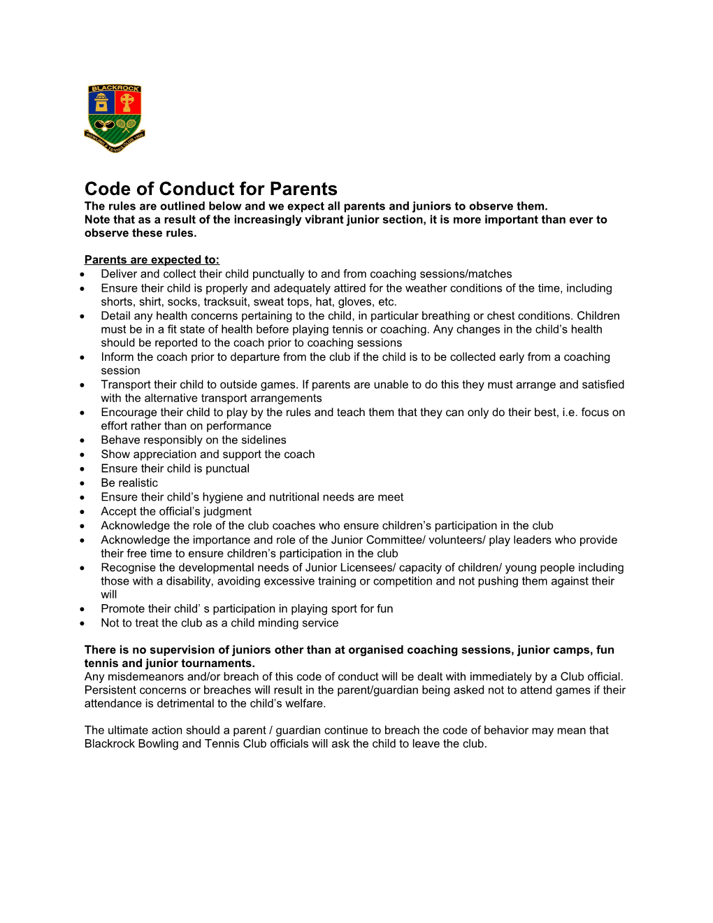 Code of Conduct for Parents