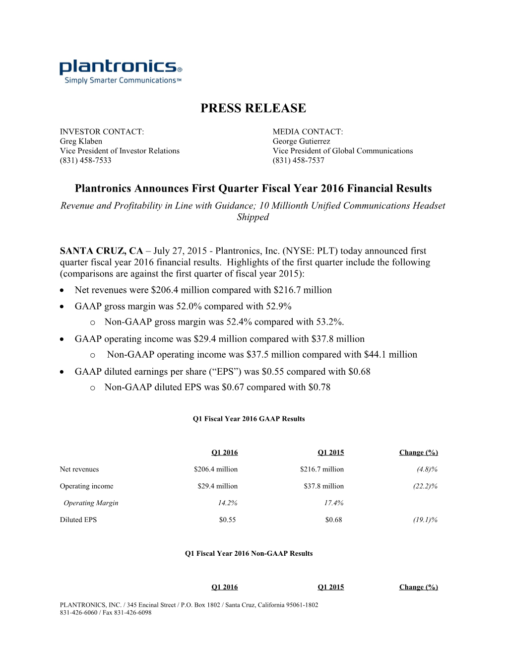 Financial Results Press Release