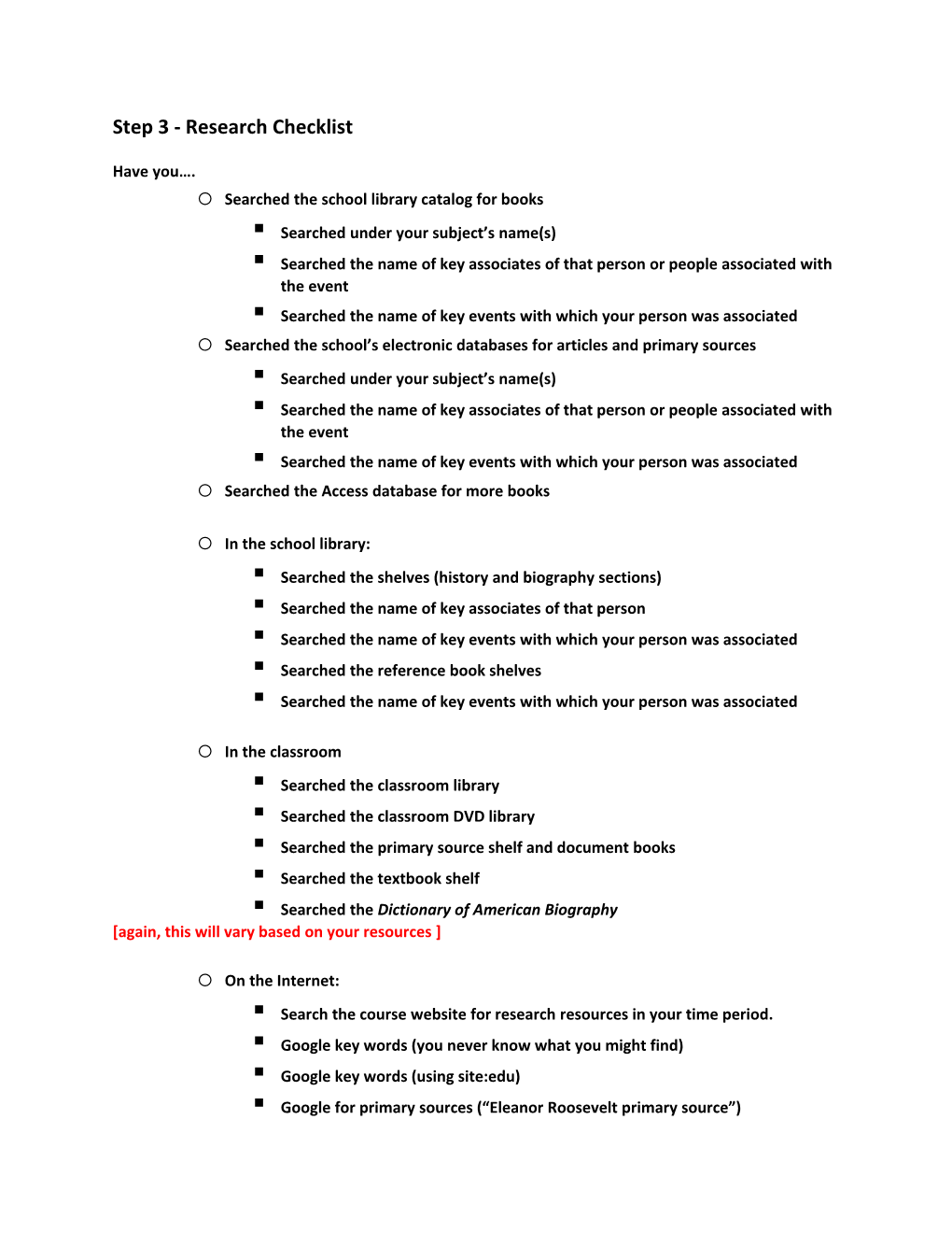 Step 3 - Research Checklist
