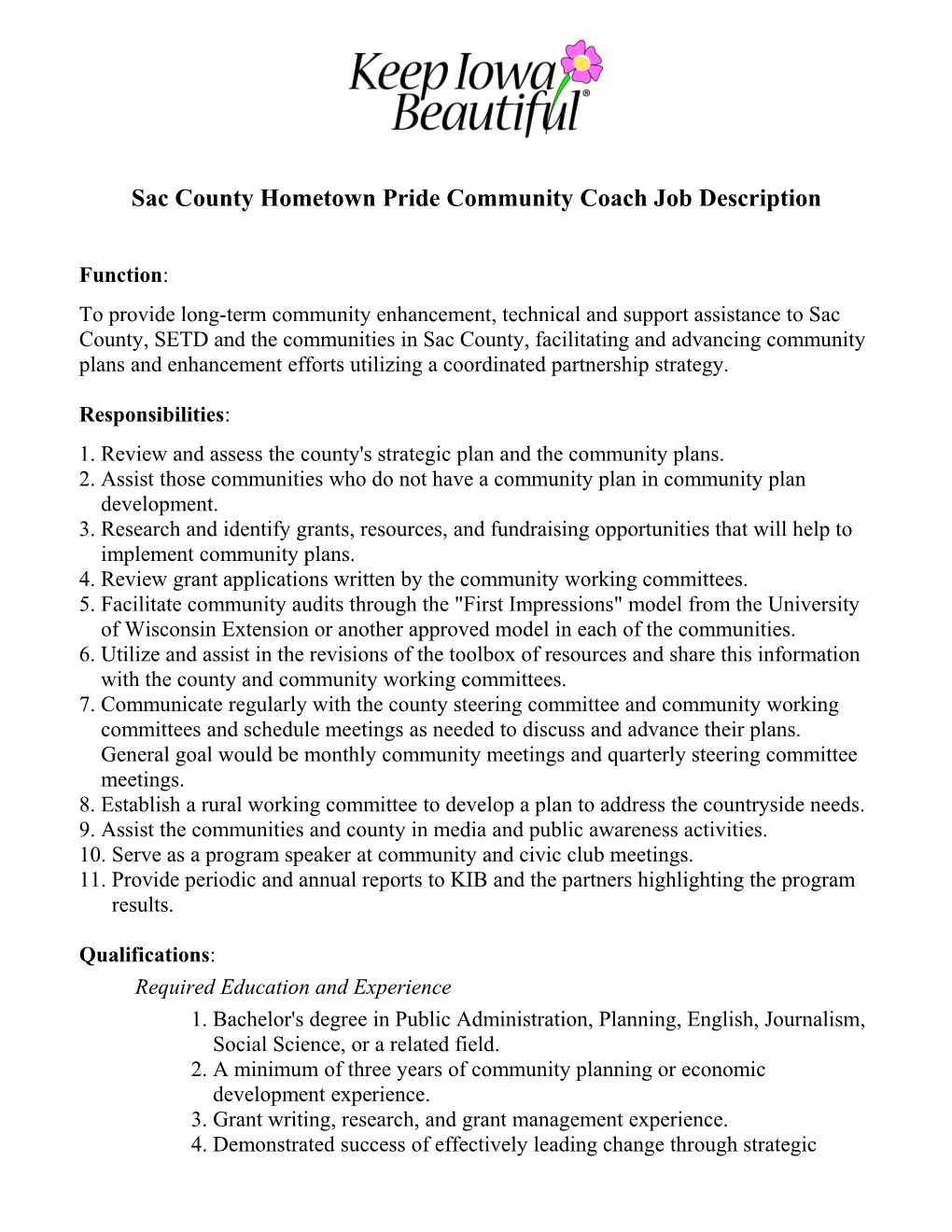 Sac County Hometown Pride Community Coachjob Description