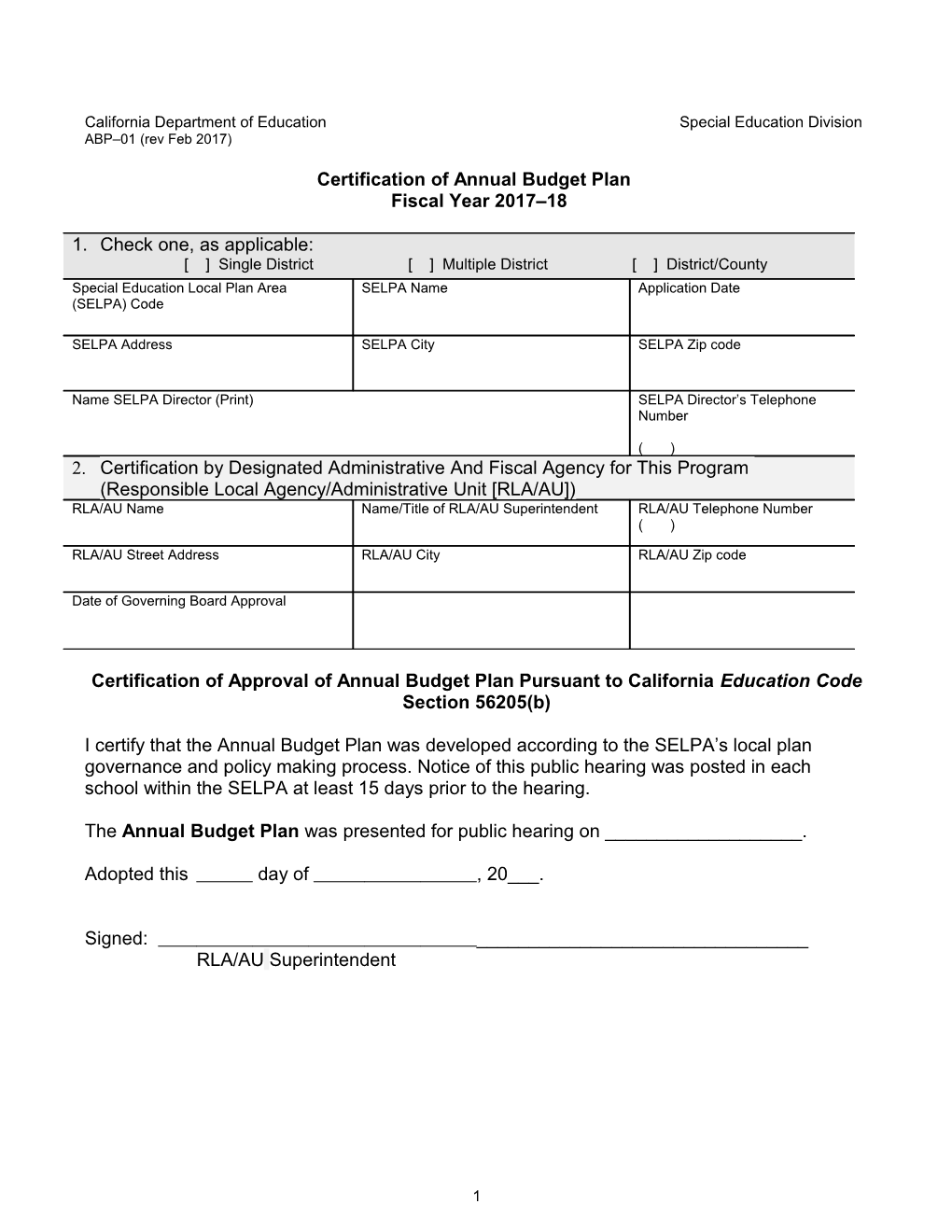 ABP-O1 Budget Form - Data Collection & Reporting (CA Dept of Education)