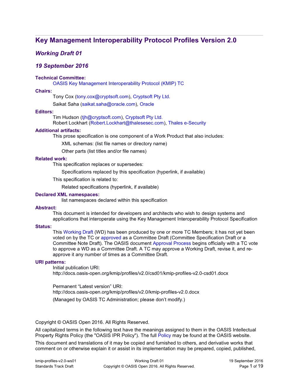 Key Management Interoperability Protocol Profiles Version 2.0