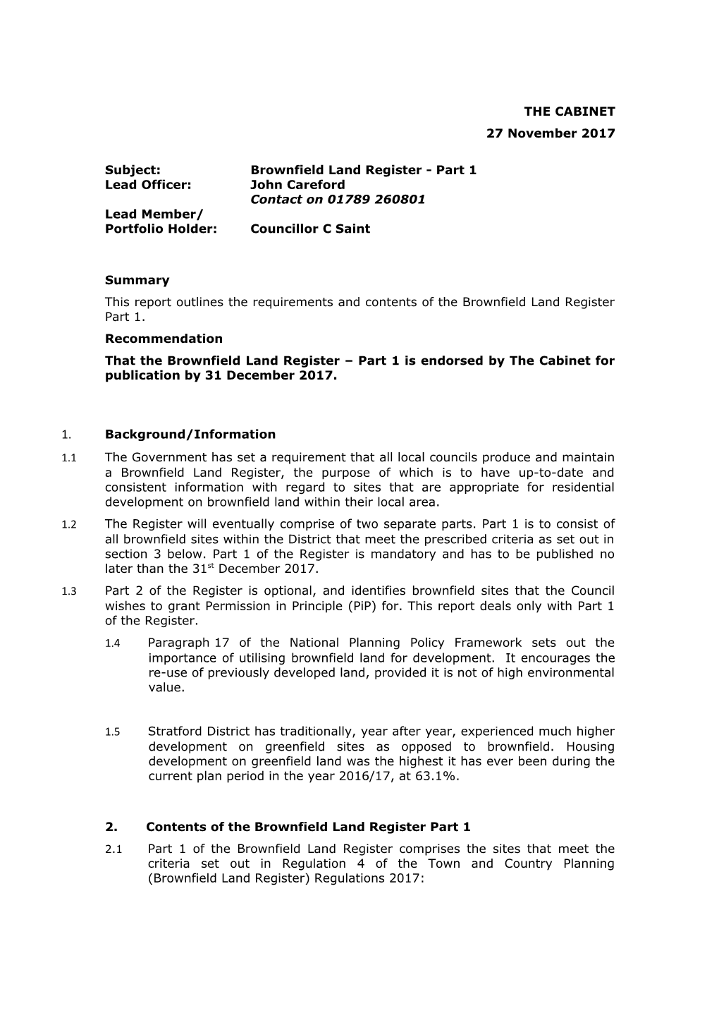 Subject:Brownfield Land Register- Part 1