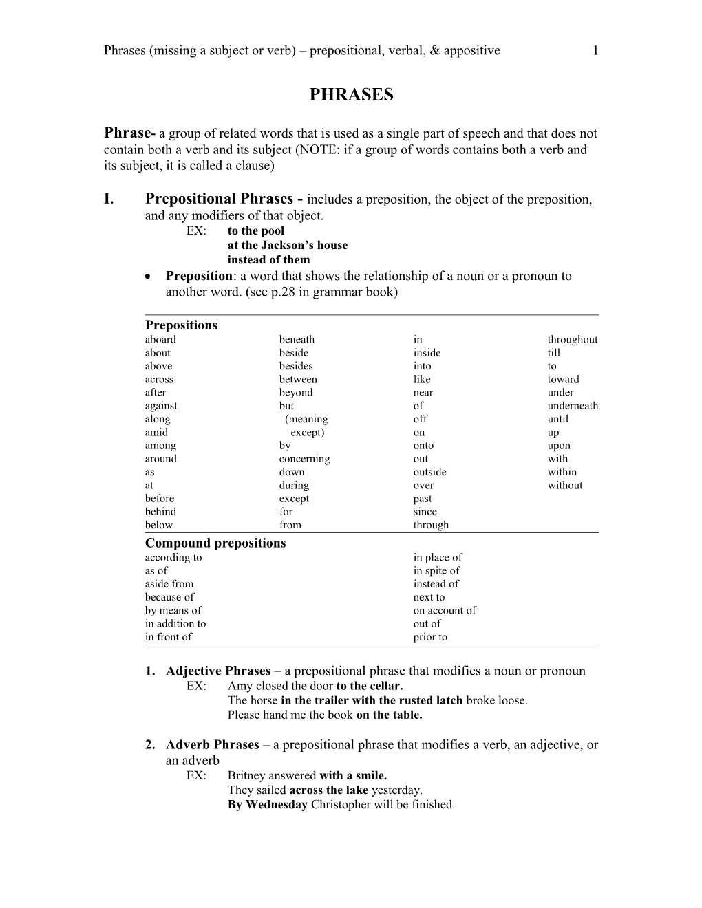 Phrases (Missing a Subject Or Verb) Prepositional, Verbal, & Appositive