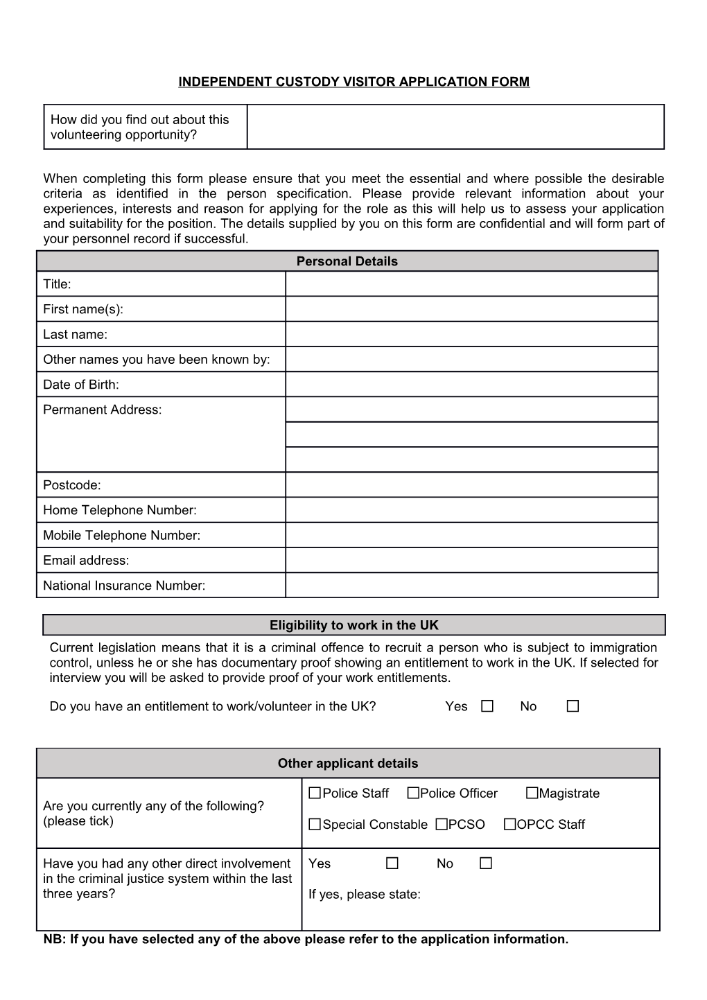 Independent Custody Visitor Application Form
