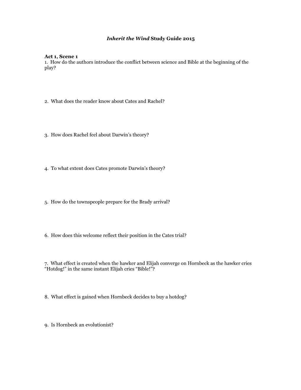 Inherit the Wind Study Guide 2015