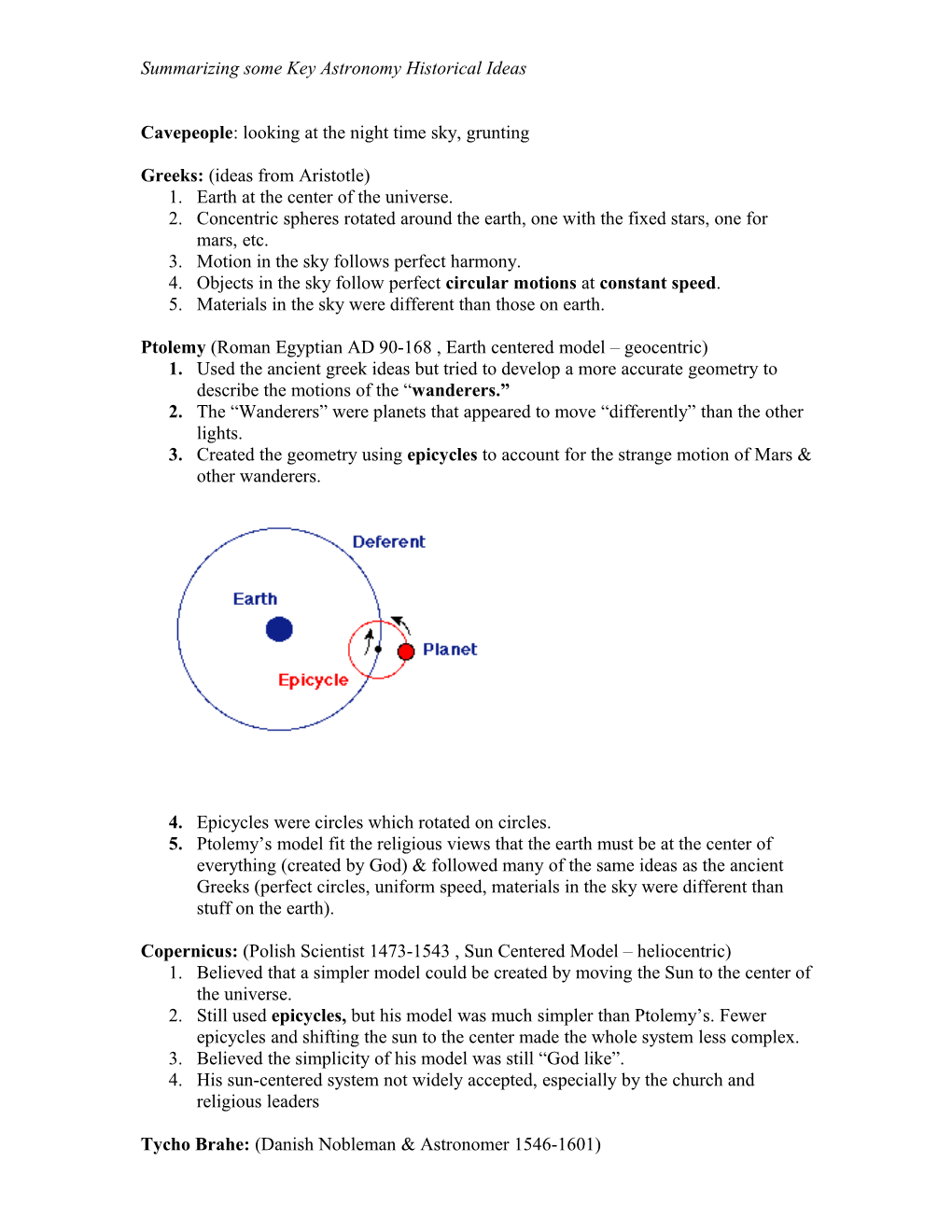 Summarizing Some Key Astronomy Historical Ideas