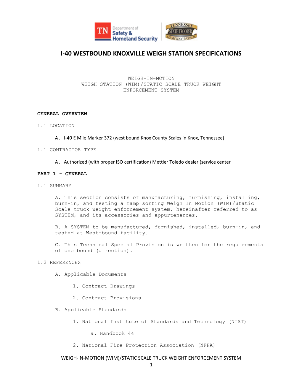 I-40 Westbound Knoxville Weigh Station Specifications