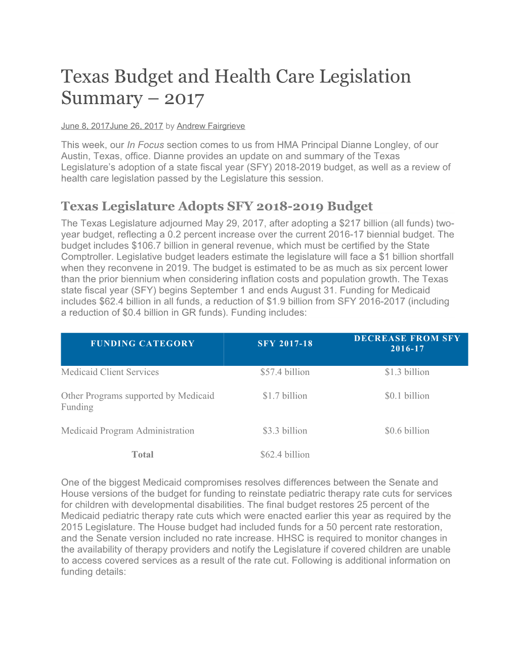 Texas Budget and Health Care Legislation Summary 2017