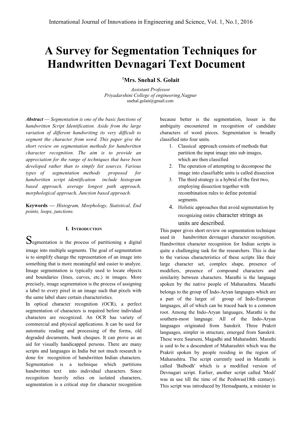 A Survey for Segmentation Techniques for Handwritten Devnagari Text Document