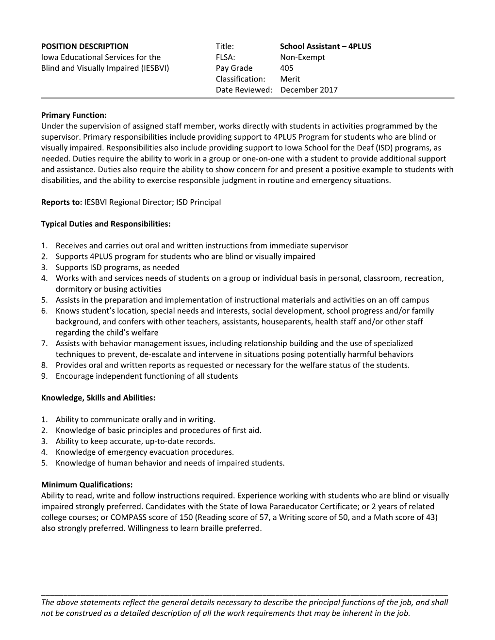 POSITION Descriptiontitle: School Assistant 4PLUS