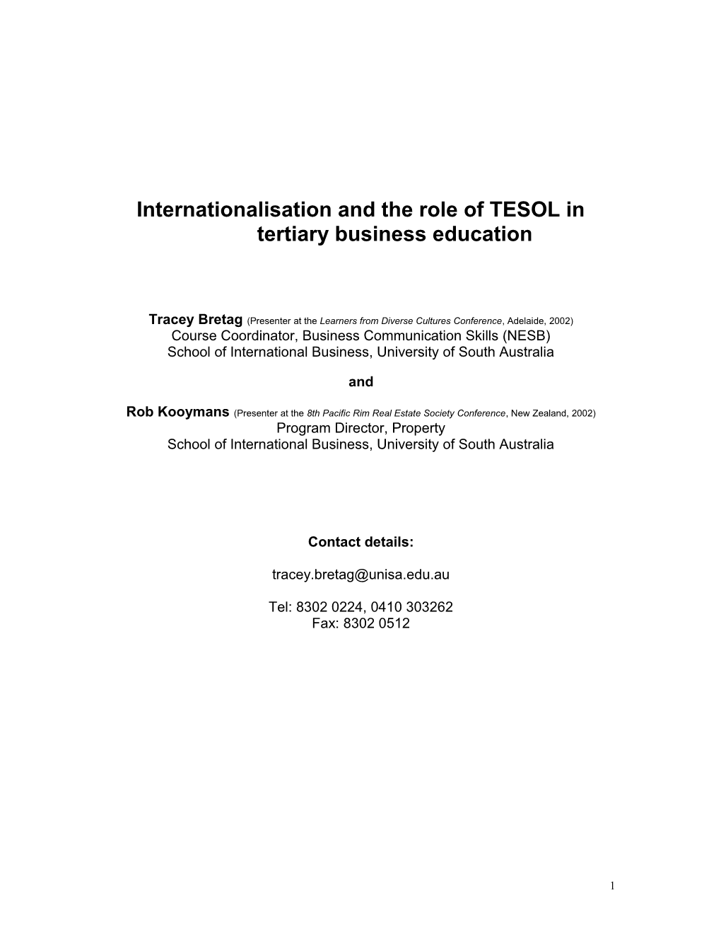 Internationalisation and the Role of TESOL in Tertiary Business Education