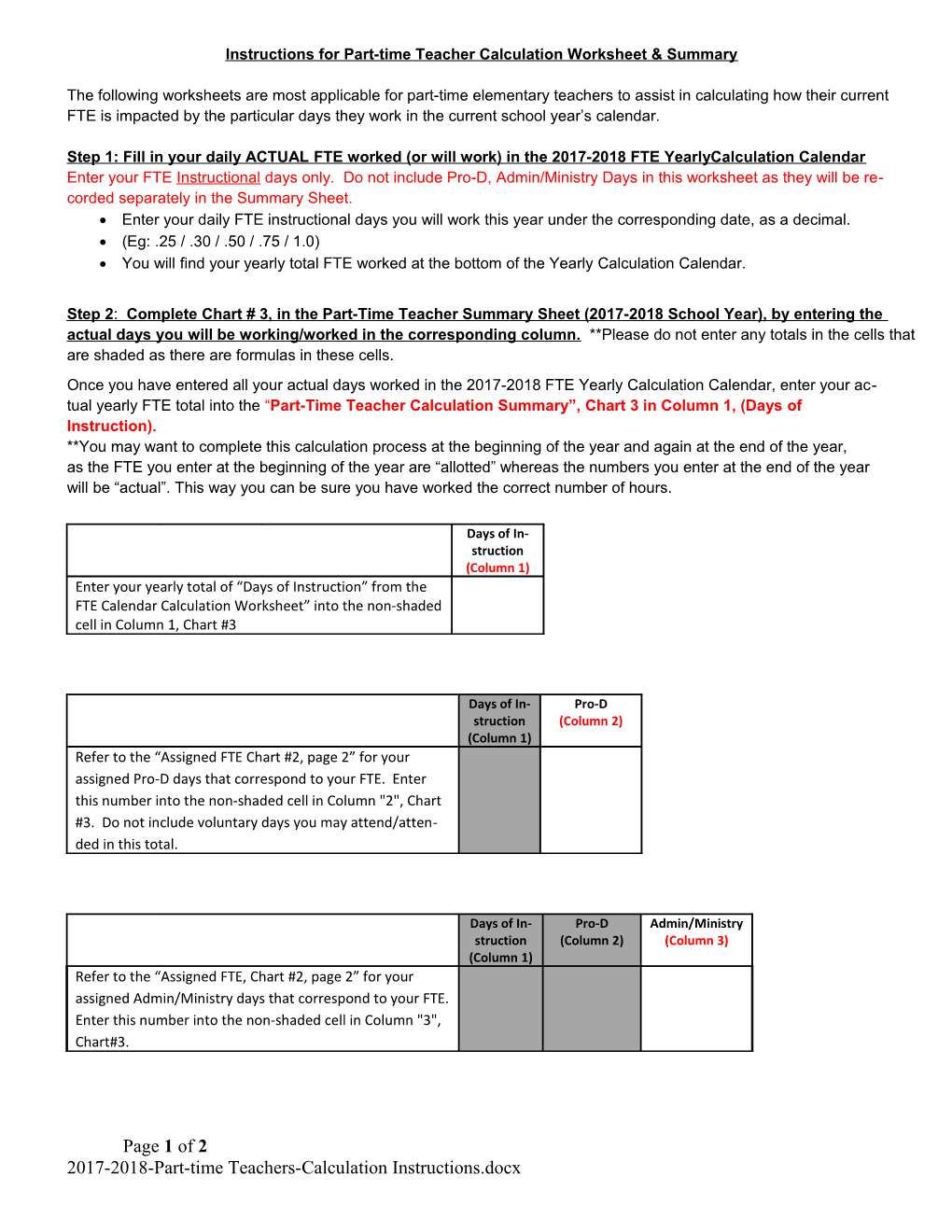 Instructions for Part-Time Teacher Calculation Worksheet & Summary